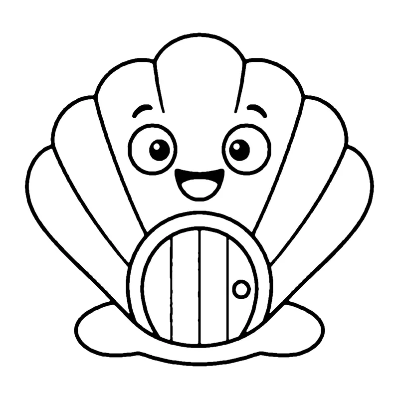 Line drawing of a smiling scallop shell with a little round wooden door at the bottom