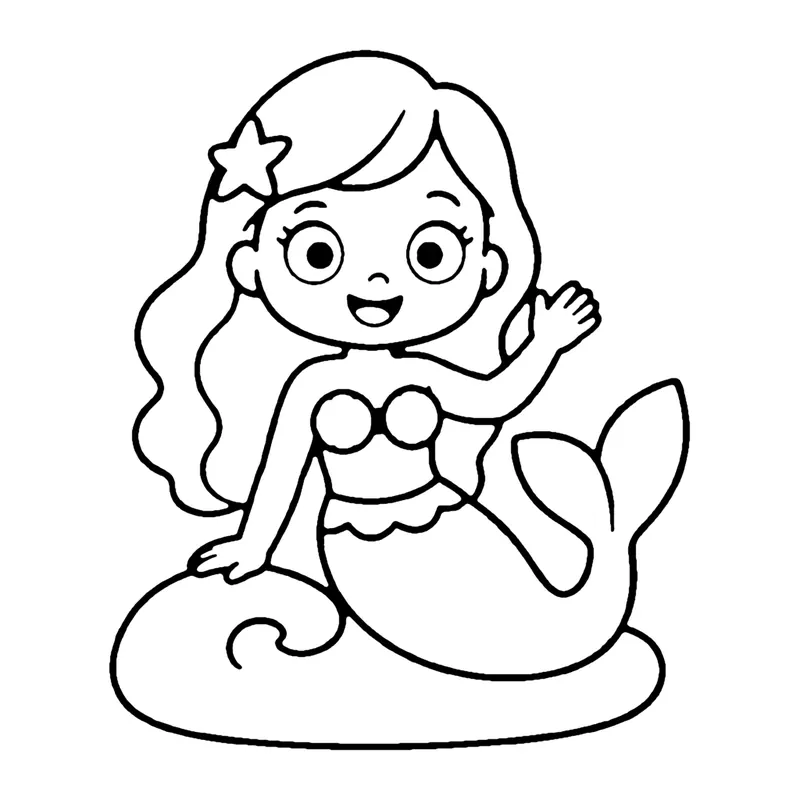 Line drawing of a smiling mermaid with a starfish in her hair waving from a rock