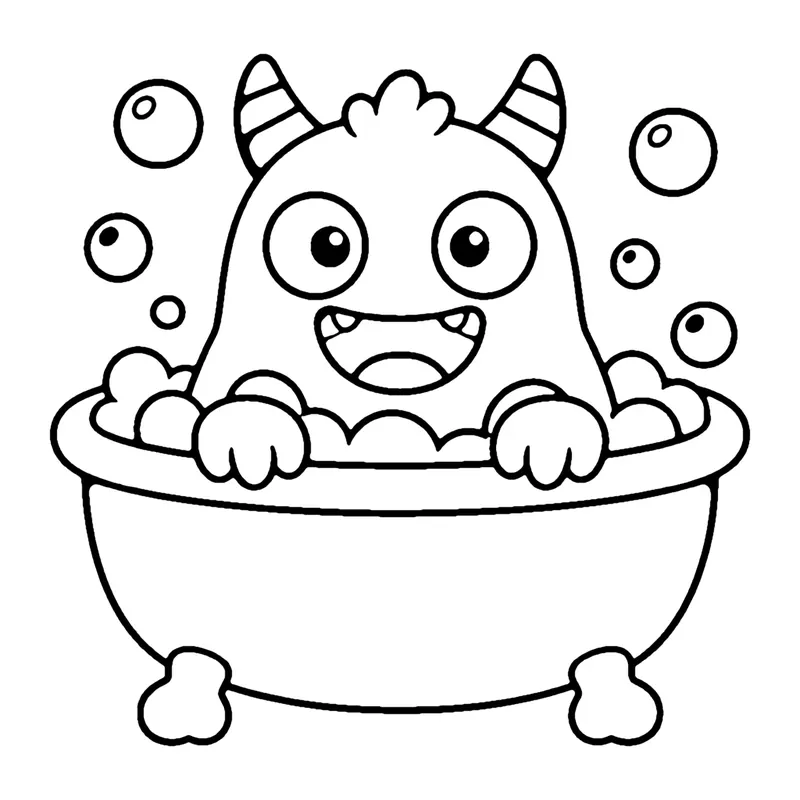 Line drawing of a horned monster sitting in a clawfoot bathtub surrounded by bubbles
