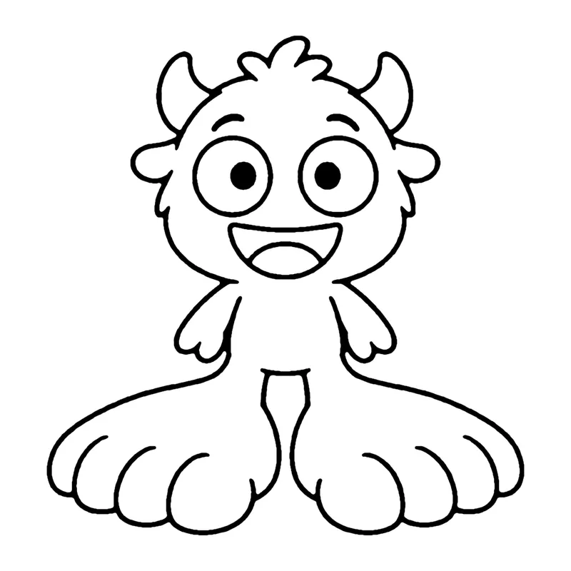 Line drawing of a small monster with horns standing on two huge wide feet