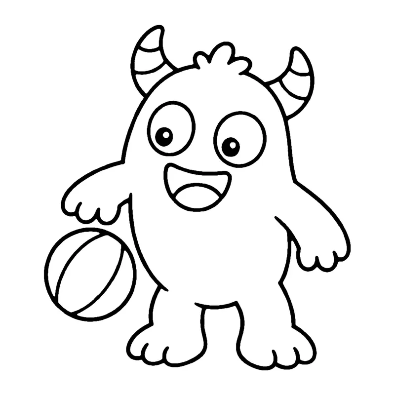 Line drawing of a horned monster smiling and bouncing a striped ball on the ground