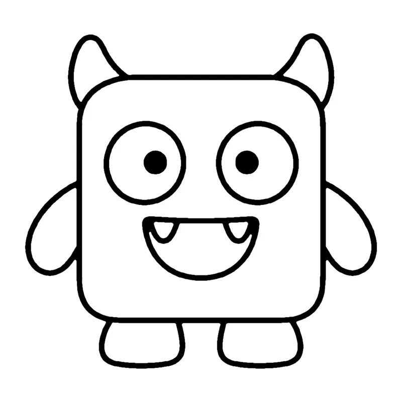 Line drawing of a square box-shaped monster with two horns, big eyes and two small fangs