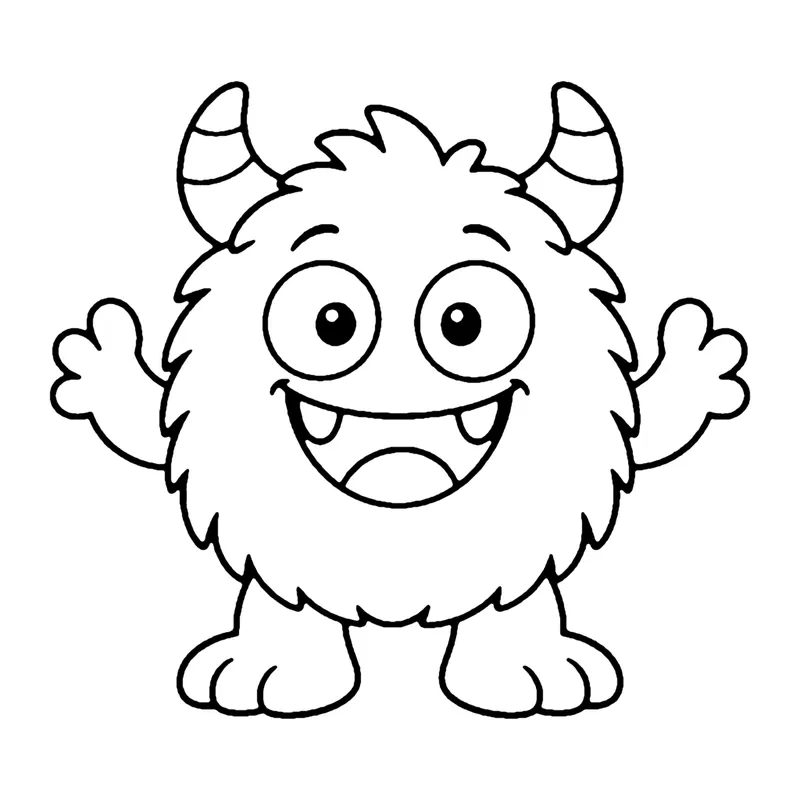 Line drawing of a shaggy furry monster with horns, two little teeth and both arms waving