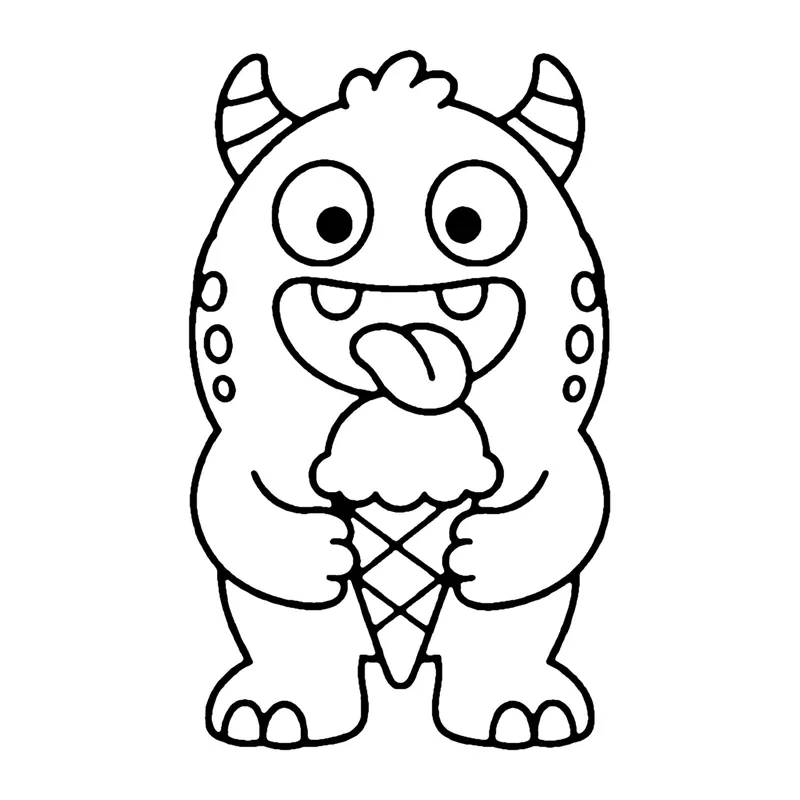 Line drawing of a spotted horned monster licking an ice cream cone with a waffle pattern