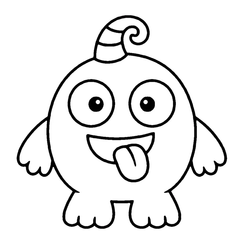 Line drawing of a round monster with one curly striped horn, sticking out its tongue
