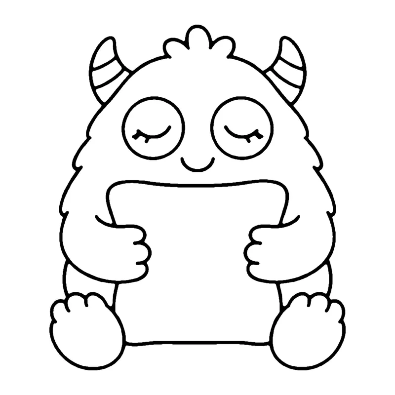 Line drawing of a fuzzy monster with closed eyes holding a big pillow and smiling