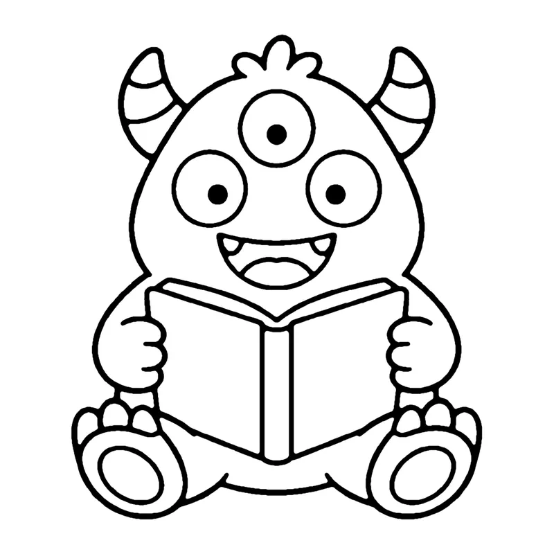 Line drawing of a three-eyed horned monster sitting and reading an open book