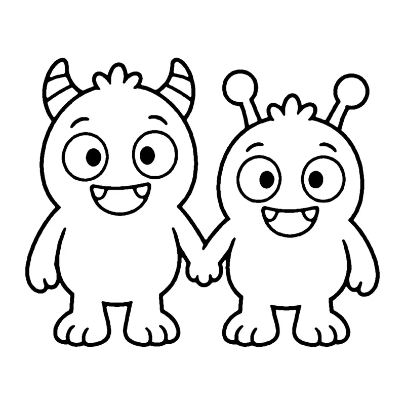 Line drawing of two small smiling monsters holding hands, one with horns and one with antennae