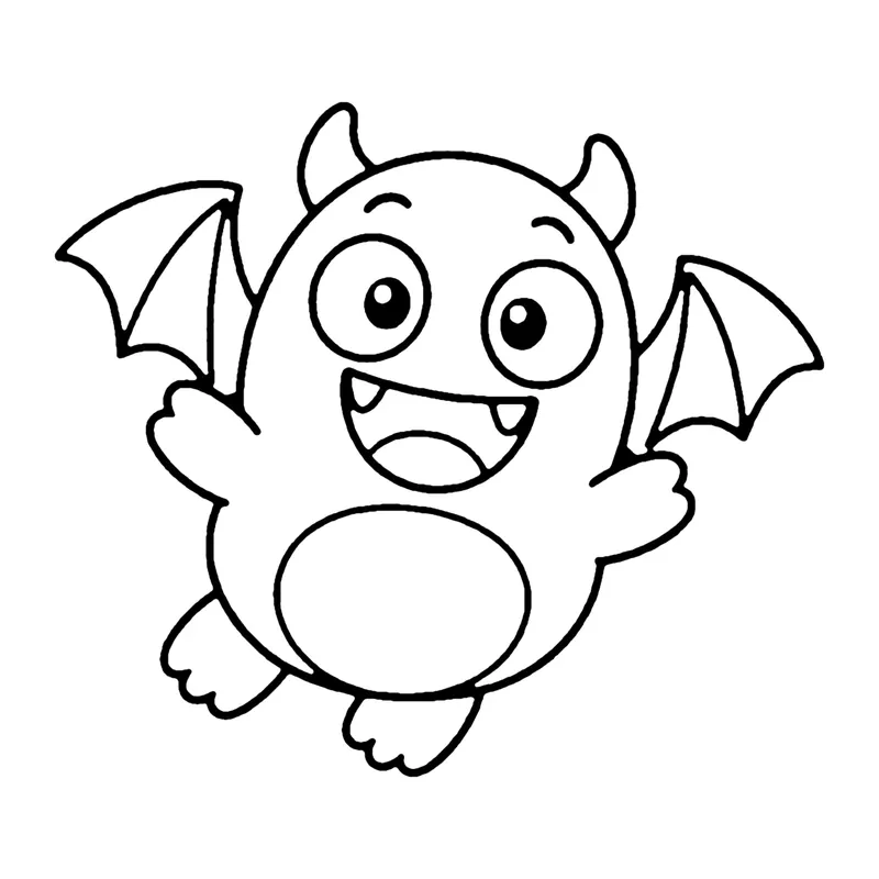 Line drawing of a round smiling monster with bat-like wings, little horns and a round belly