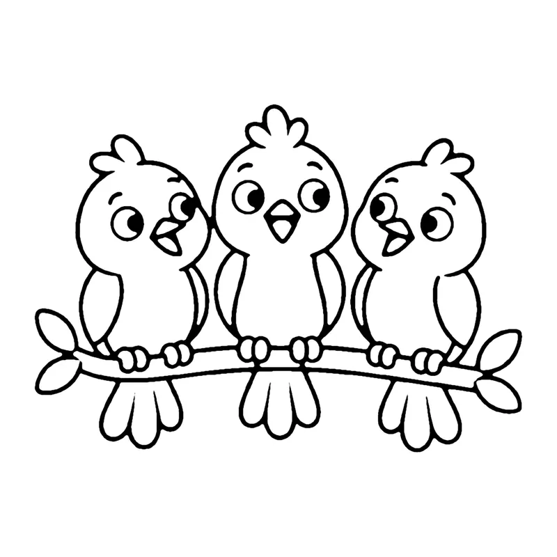 Line drawing of three little birds singing together on a leafy branch