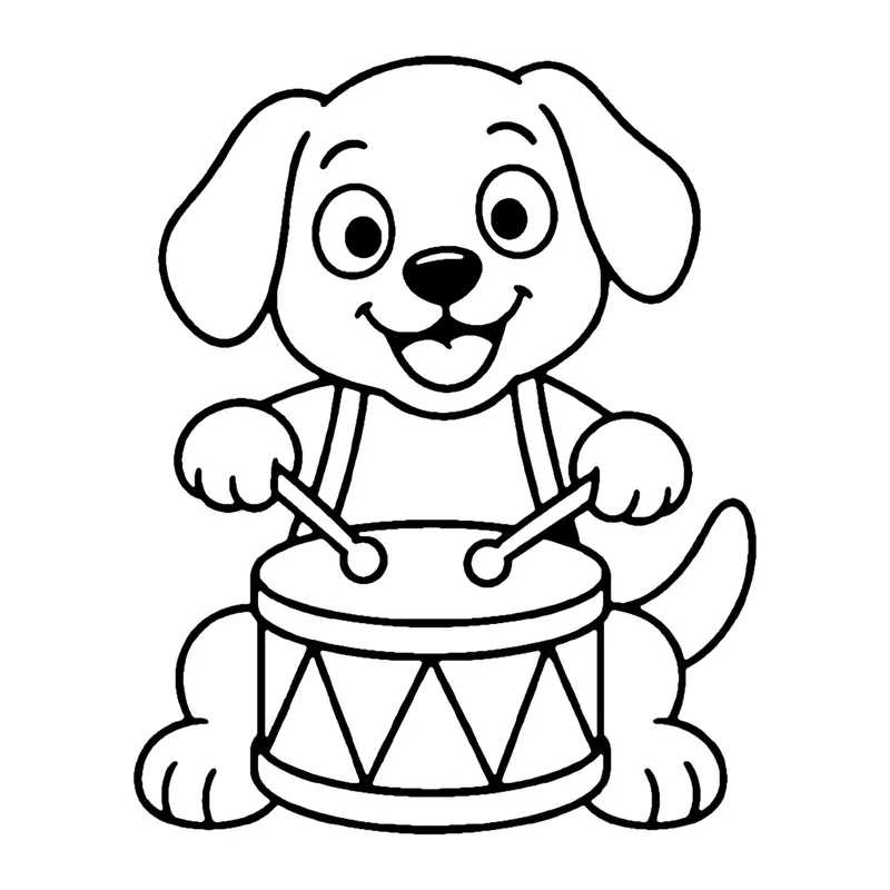 Line drawing of a puppy wearing a drum on straps and beating it with two drumsticks
