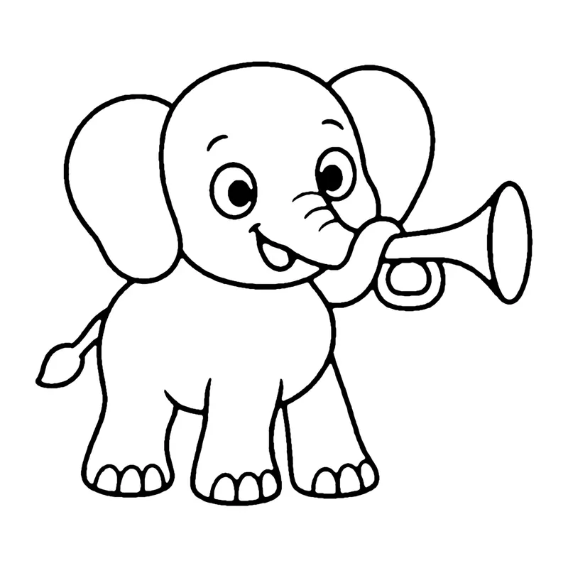 Line drawing of a baby elephant holding a trumpet up with its trunk