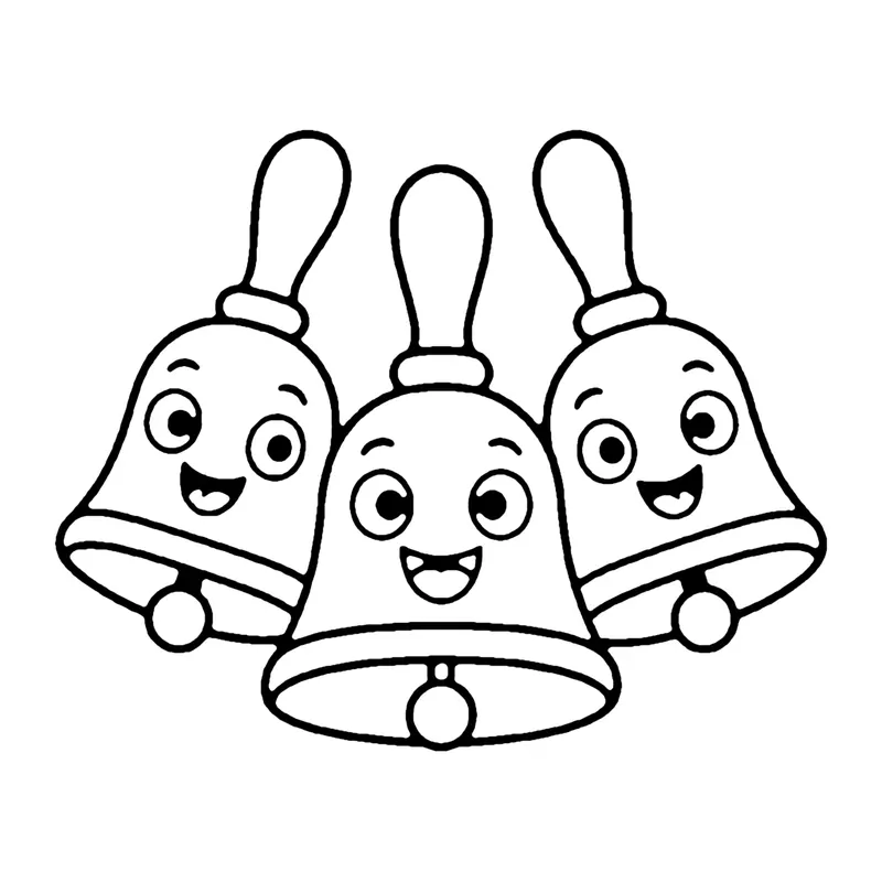 Line drawing of three smiling hand bells with long handles grouped together