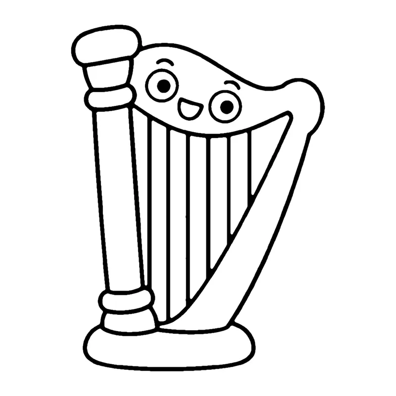 Line drawing of a smiling harp with a curved top, a tall column and many strings