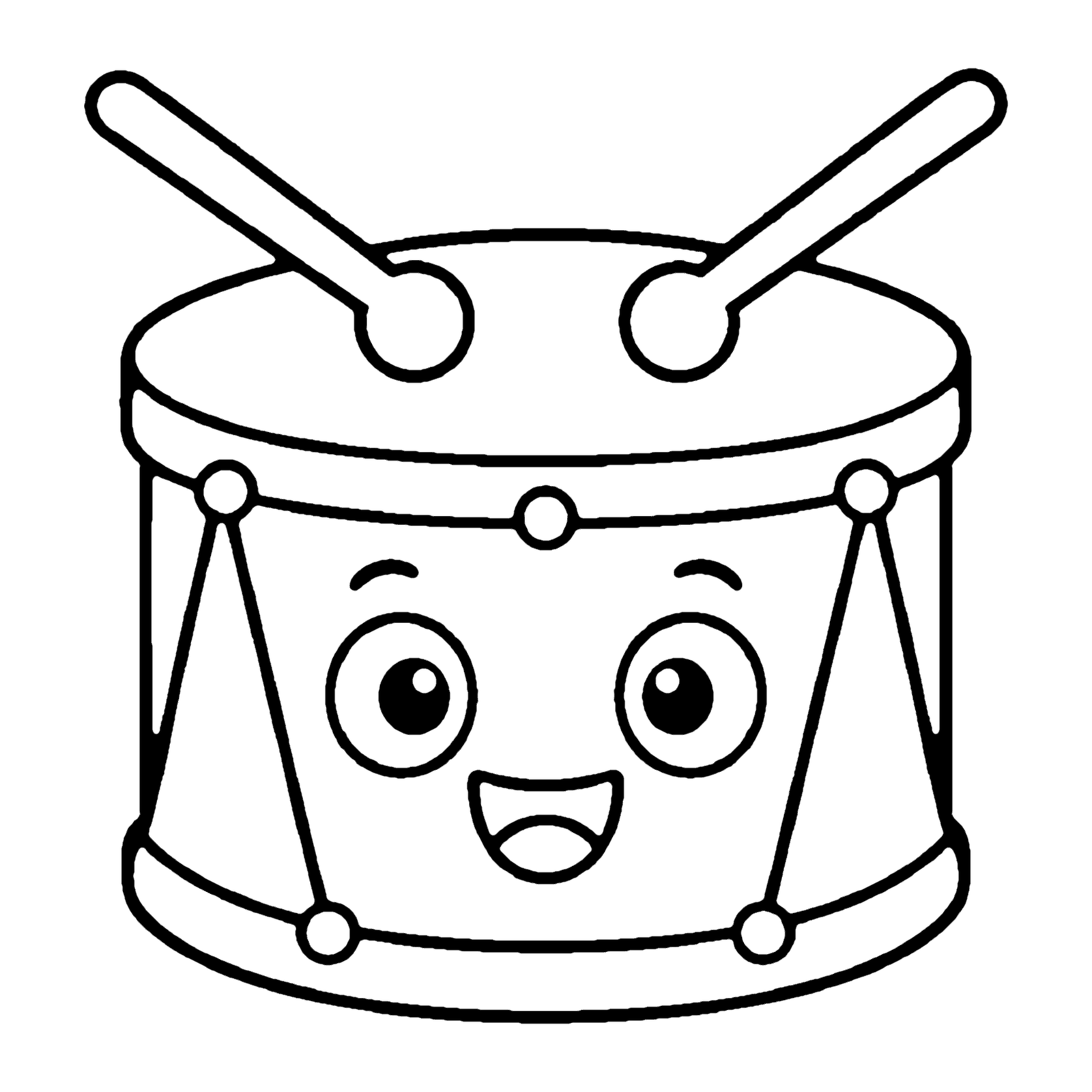 Line drawing of a smiling marching drum with zigzag cords and two drumsticks crossed on top
