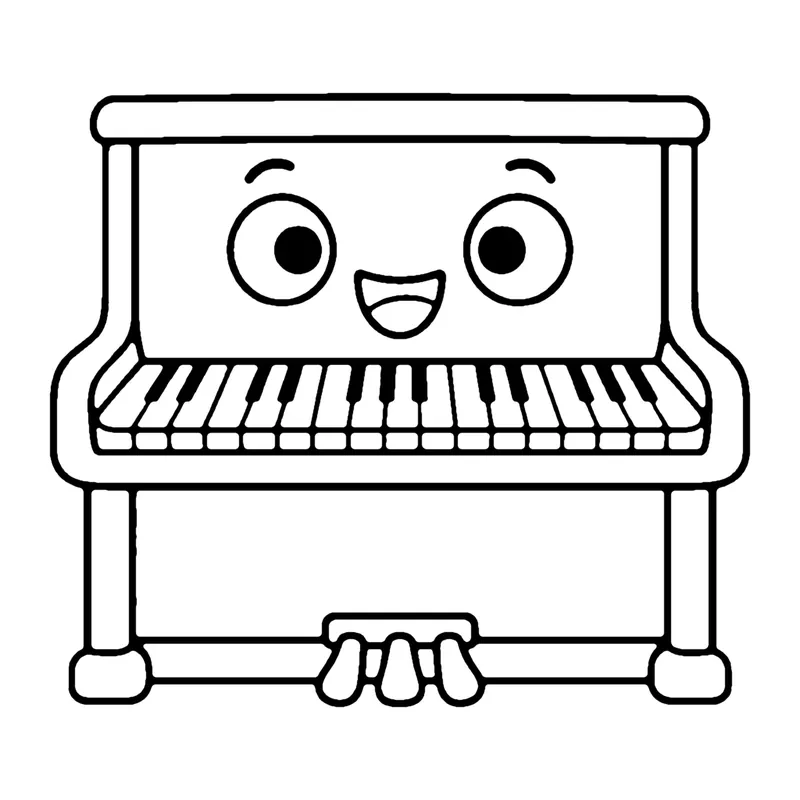 Line drawing of a smiling upright piano with a row of black and white keys and three pedals