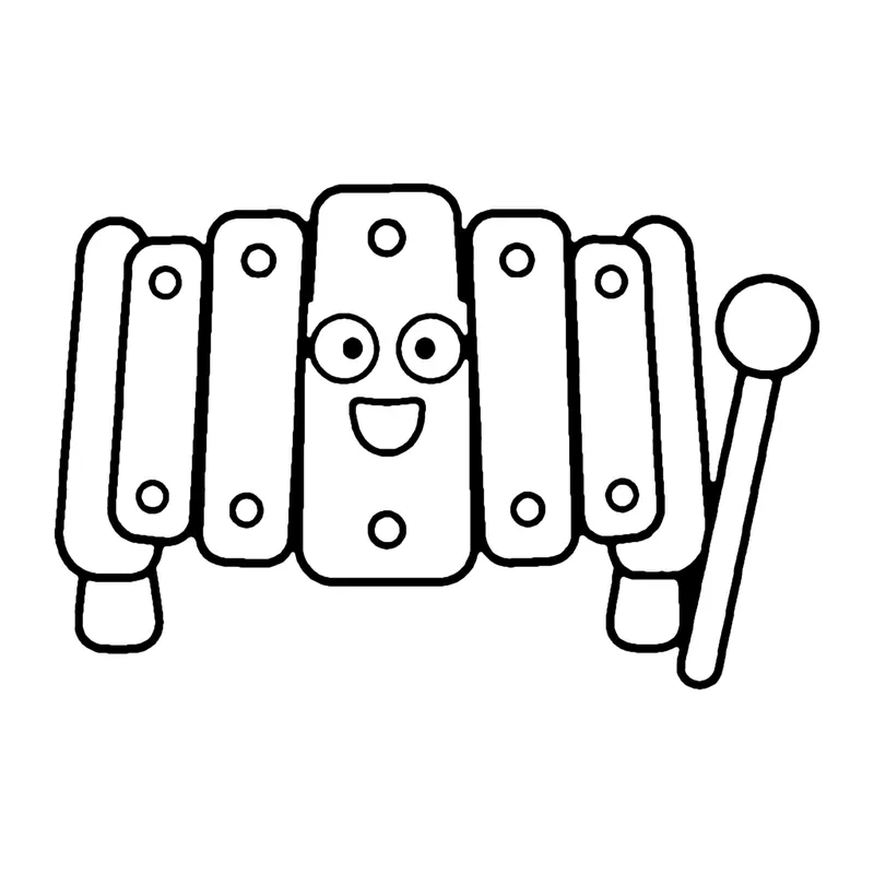 Line drawing of a smiling xylophone with bars of different lengths and a mallet