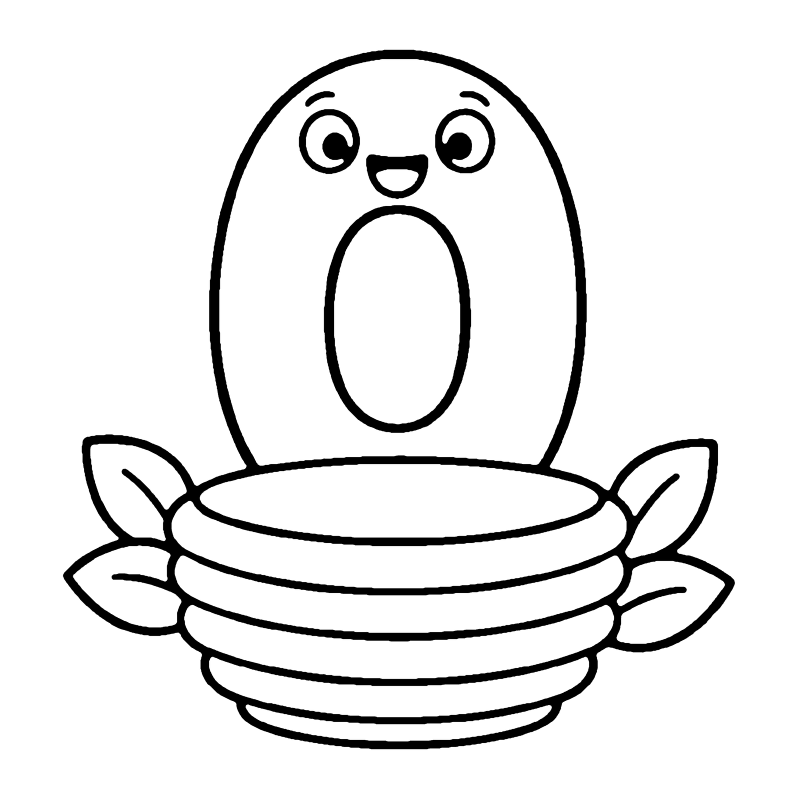 Line drawing of a smiling number 0 standing behind an empty woven basket with leaves on each side
