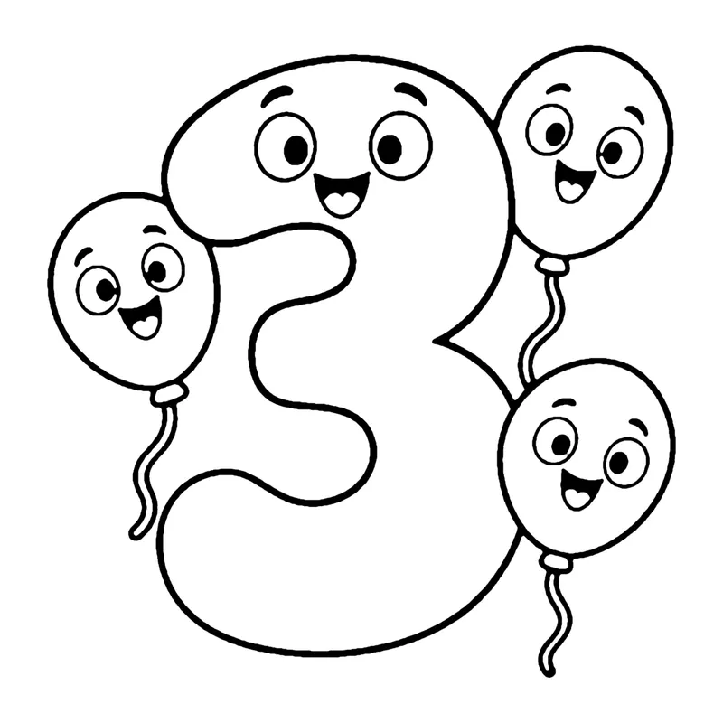 Line drawing of a smiling number 3 with three smiling balloons on strings around it