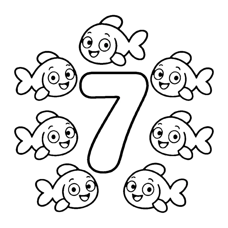 Line drawing of a number 7 surrounded by seven smiling fish swimming around it