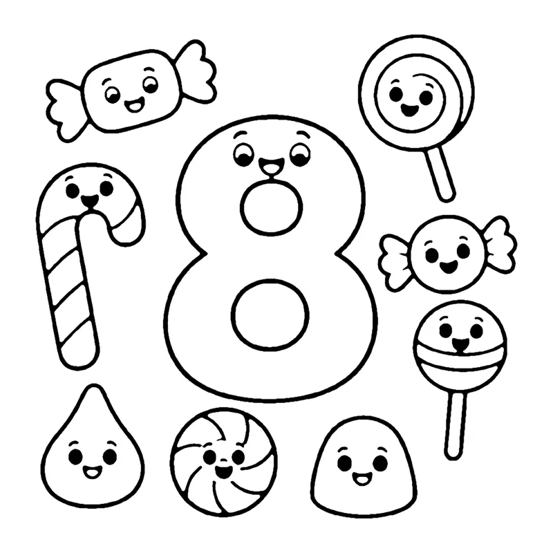 Line drawing of a smiling number 8 surrounded by eight smiling candies, lollipops and a candy cane