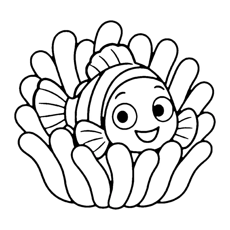 Line drawing of a striped clownfish peeking out from a sea anemone with many wavy tentacles