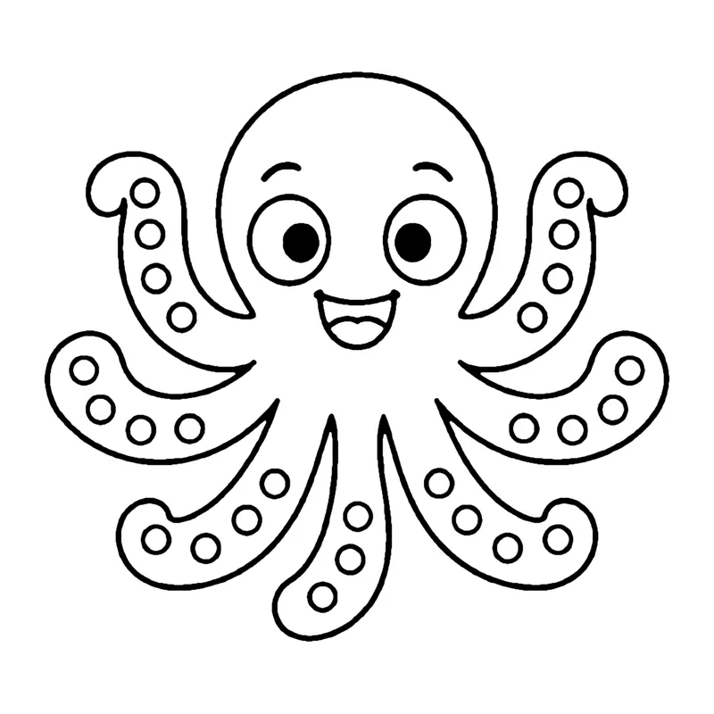 Line drawing of a smiling octopus with eight curling arms covered in round suckers