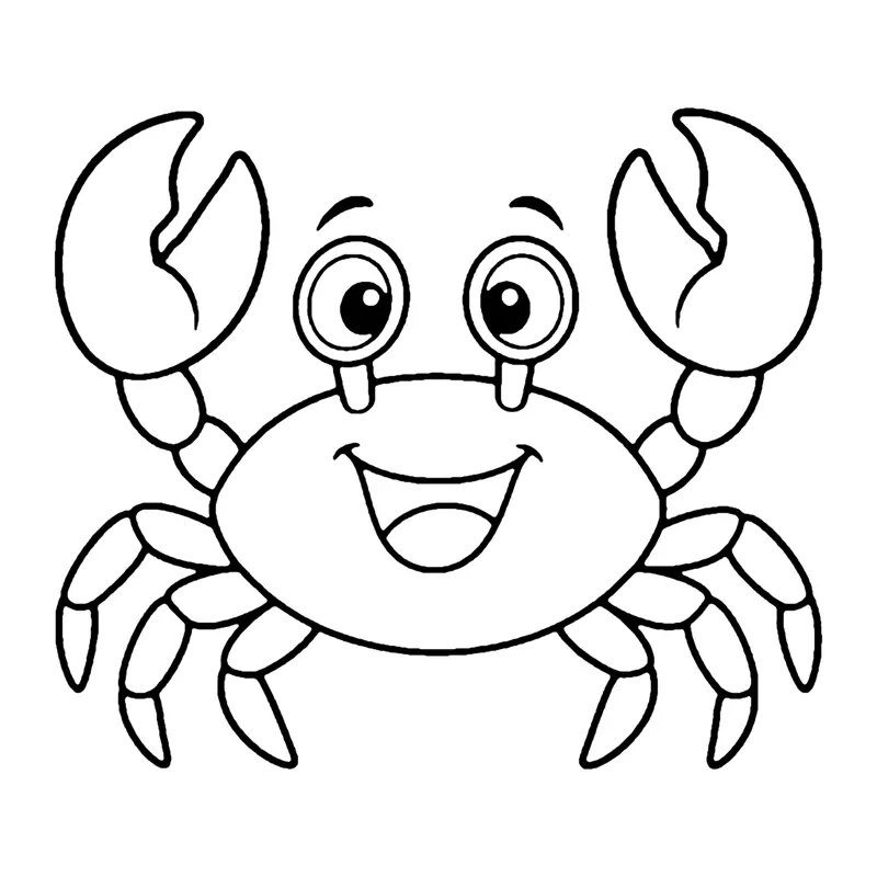 Line drawing of a grinning crab raising two big claws, with eyes on stalks and pointy legs