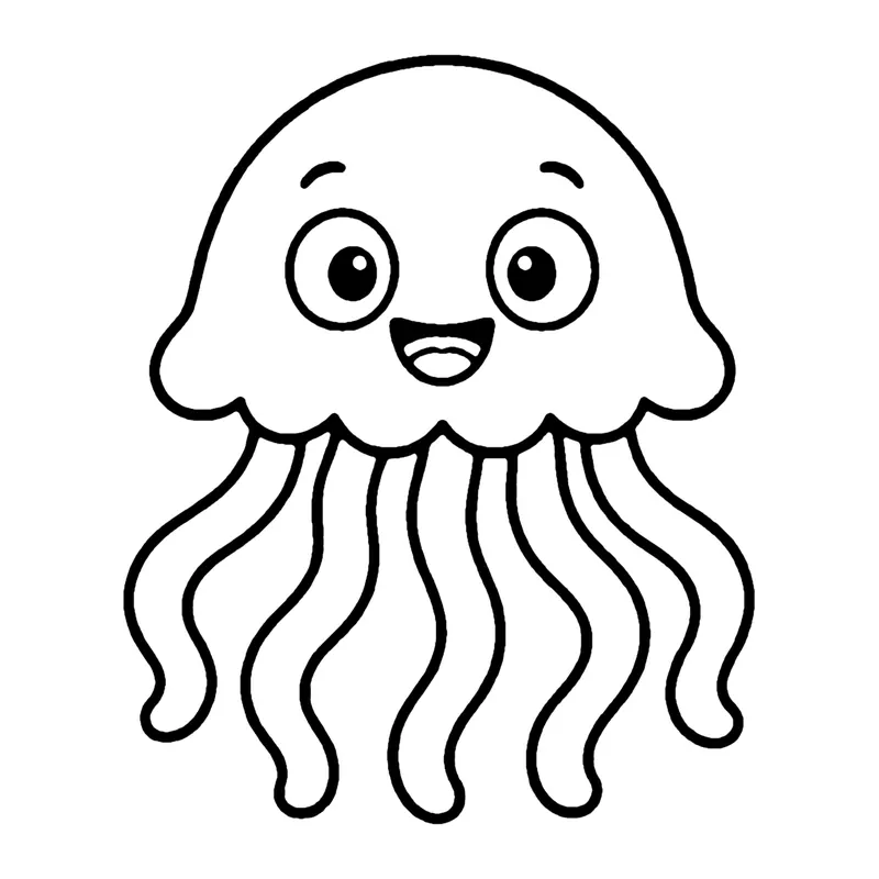 Line drawing of a smiling jellyfish with a round cap and long wavy tentacles hanging below