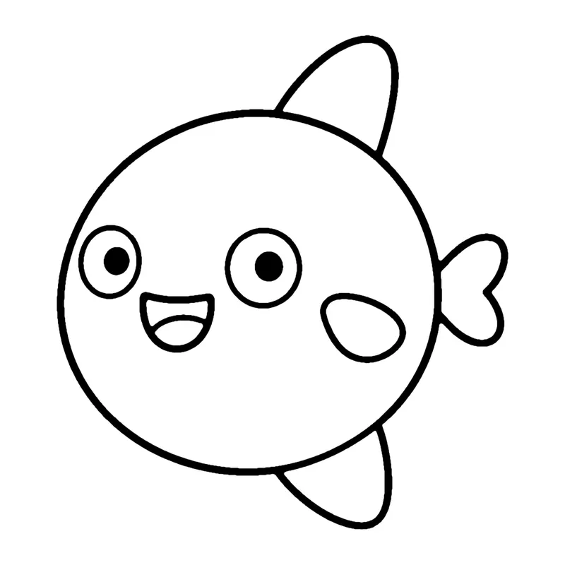 Line drawing of a round, flat ocean sunfish with a tall fin on top and a tall fin below