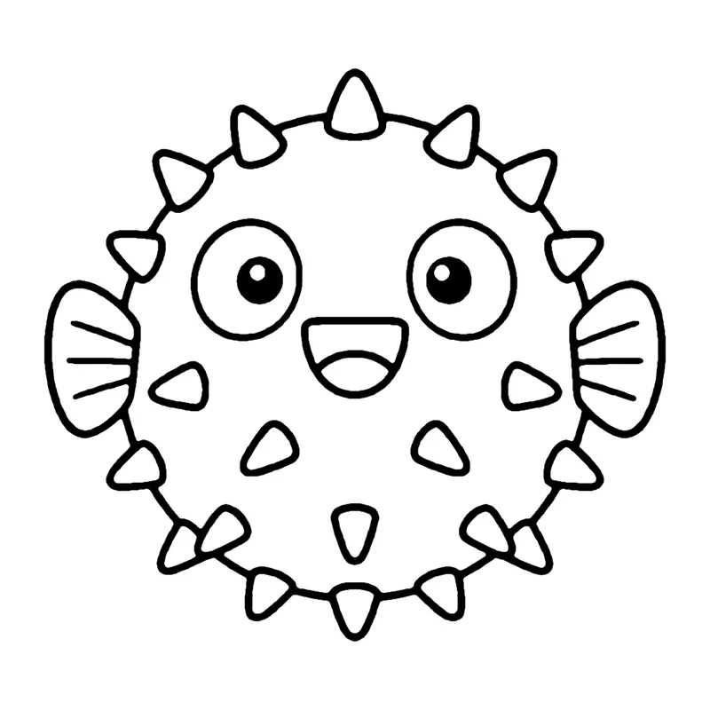 Line drawing of a round, puffed-up pufferfish covered in small spikes with big eyes and fins