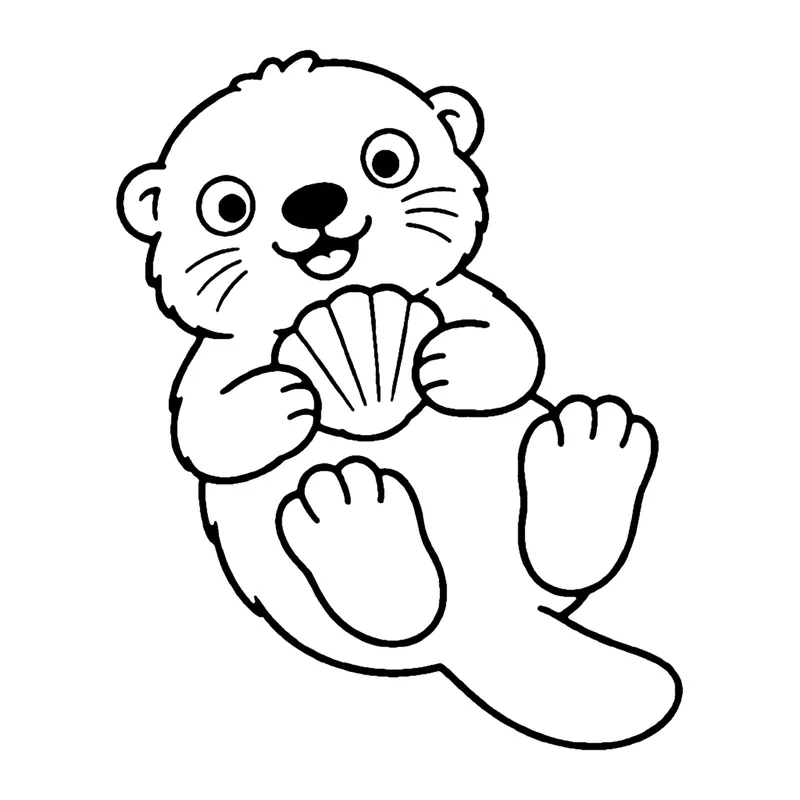 Line drawing of a fluffy sea otter floating on its back while holding a seashell