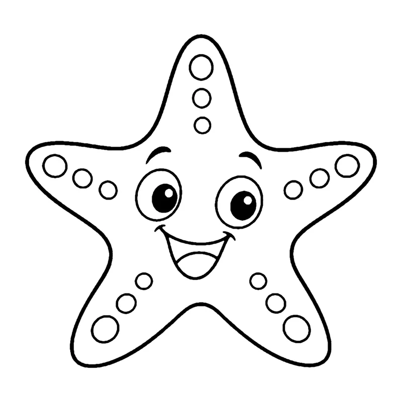 Line drawing of a five-armed starfish with a big smile and small circles along each arm