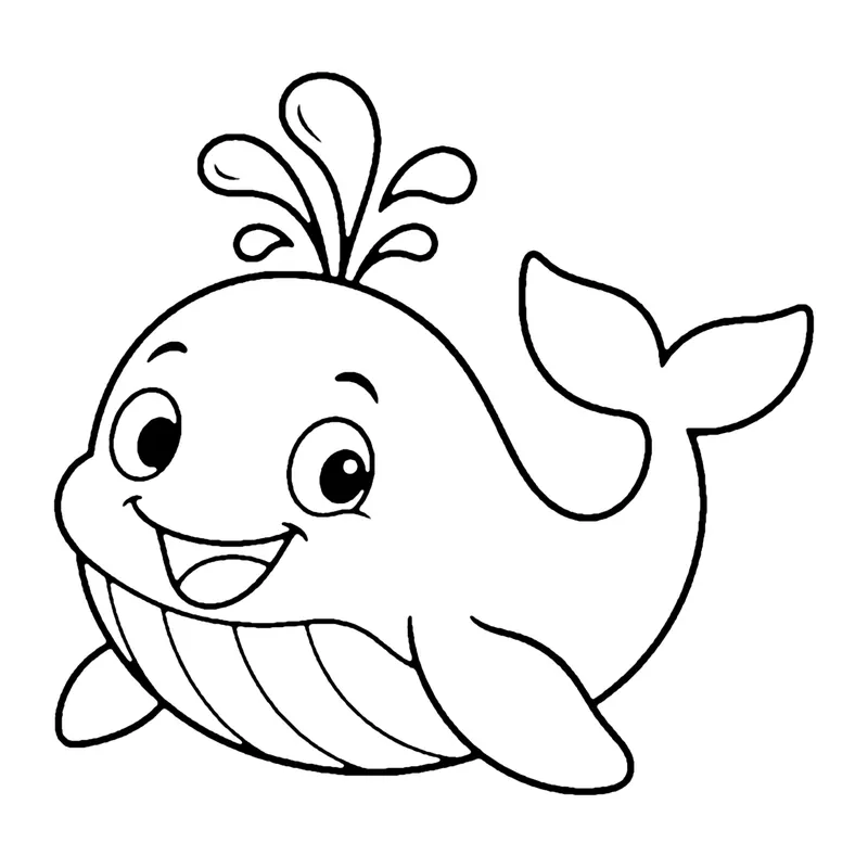 Line drawing of a happy whale with a striped belly blowing a spout of water from its head