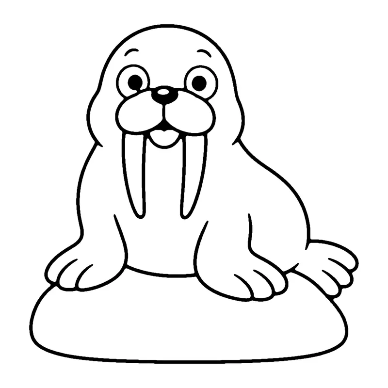 Line drawing of a walrus with long tusks and whiskers sitting on a rock