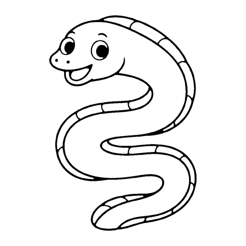 Line drawing of a long striped eel wiggling in an S shape with a smiling face