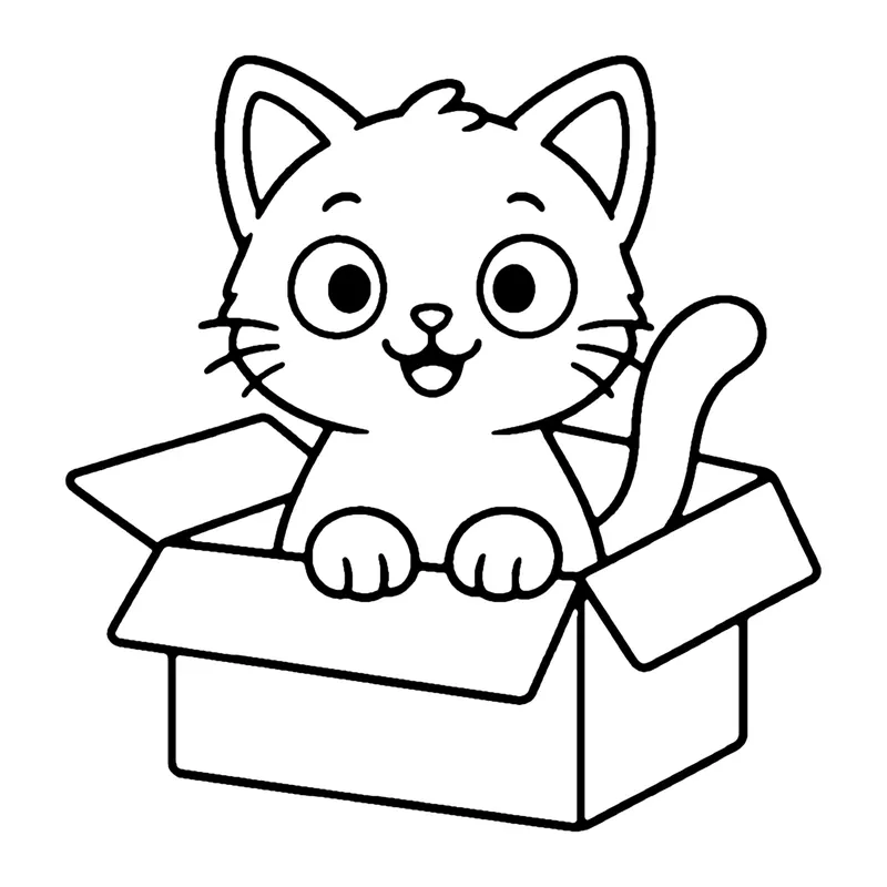 Line drawing of a smiling cat peeking out of an open cardboard box