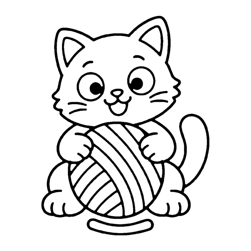 Line drawing of a sitting cat hugging a big ball of yarn