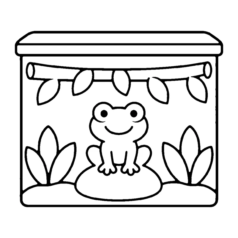 Line drawing of a frog sitting on a rock inside a glass tank with plants