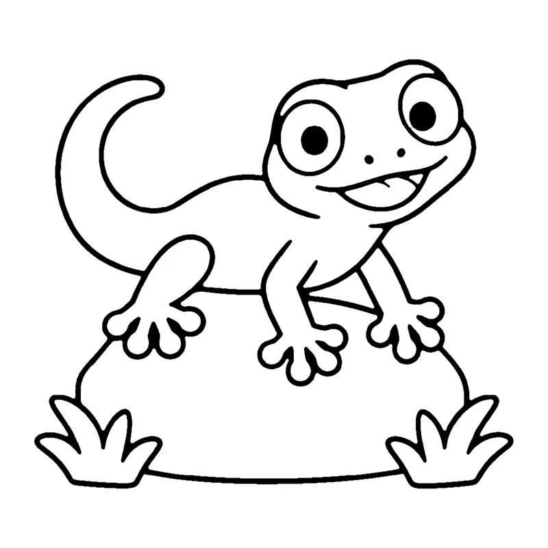 Line drawing of a big-eyed gecko with a curled tail sitting on a rock