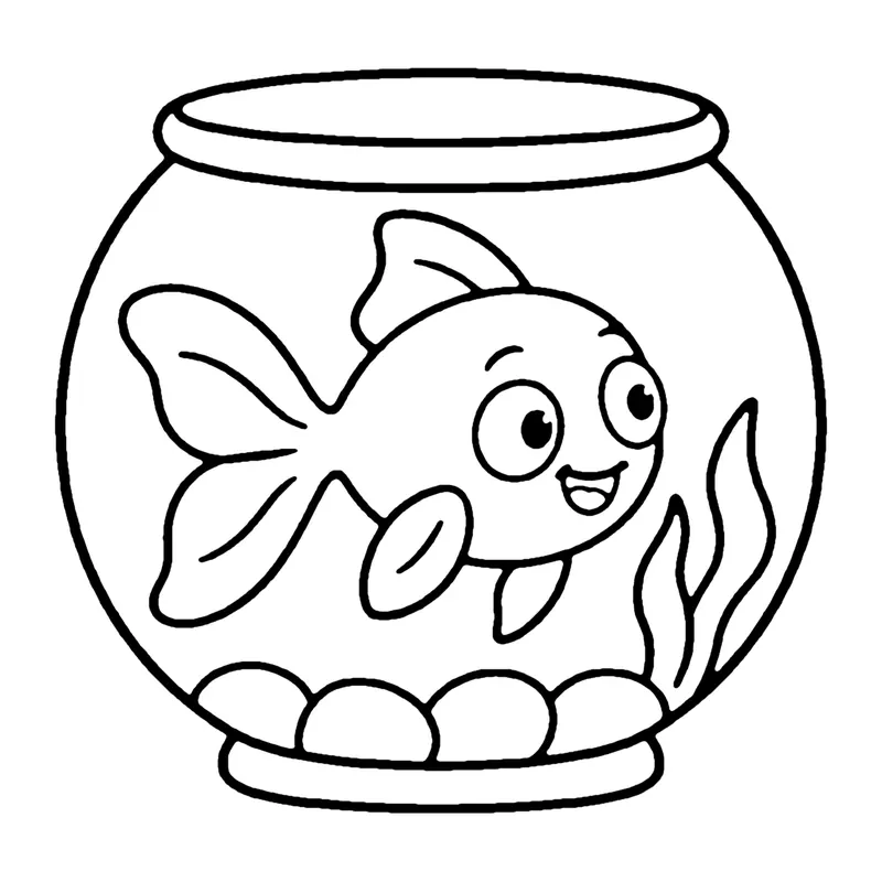 Line drawing of a goldfish with flowing fins swimming in a round bowl with pebbles and a plant
