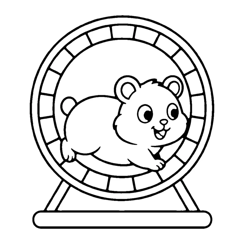 Line drawing of a hamster running inside an exercise wheel on a stand