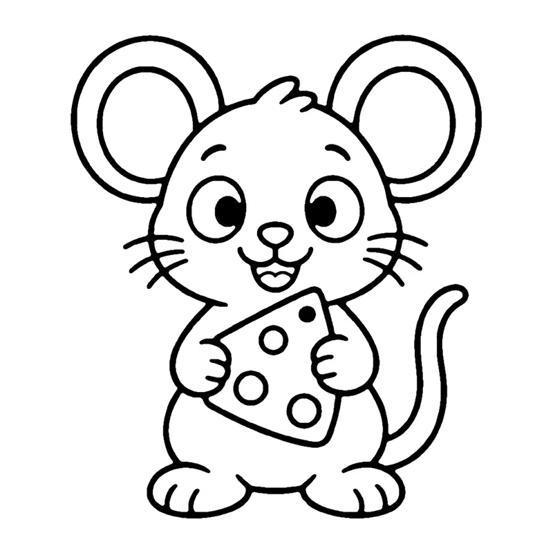Line drawing of a big-eared mouse holding a wedge of cheese with holes