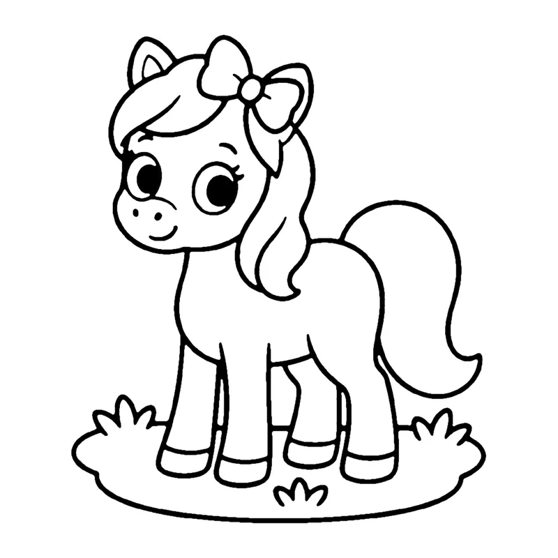 Line drawing of a pony with a bow in its mane standing on a patch of grass