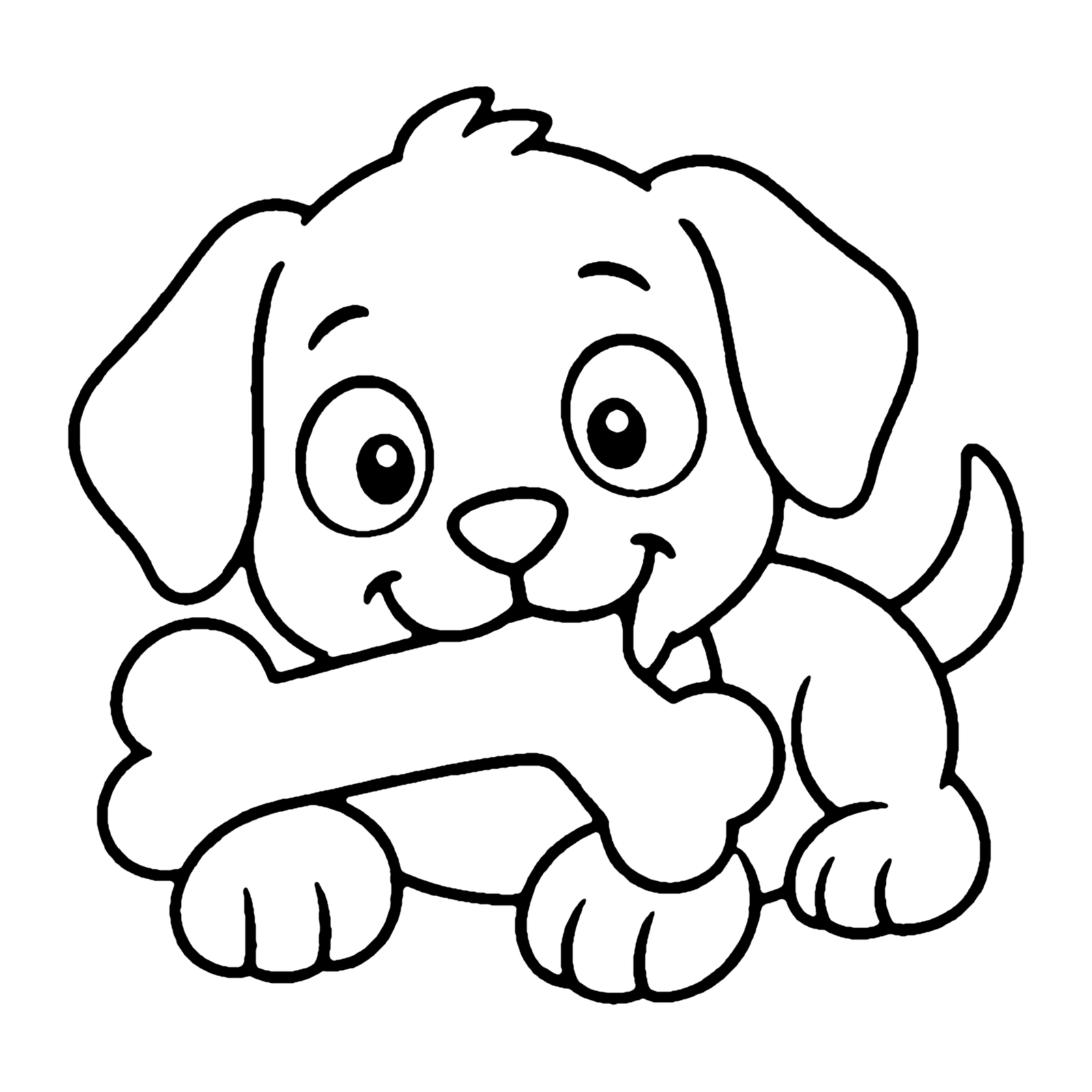 Line drawing of a floppy-eared puppy lying down with a big bone between its paws