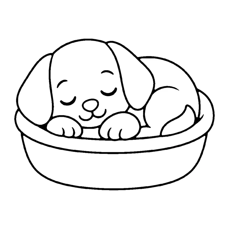 Line drawing of a puppy curled up asleep in a round pet bed