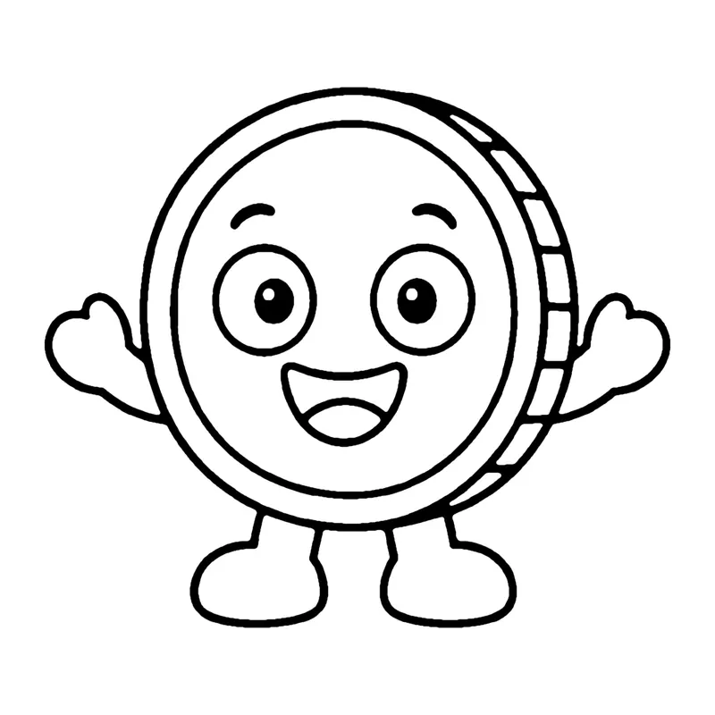 Line drawing of a smiling gold coin with little arms raised up