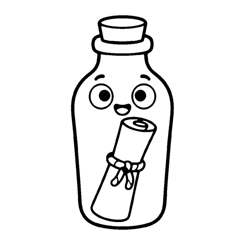 Line drawing of a smiling corked glass bottle with a rolled-up note tied with string inside