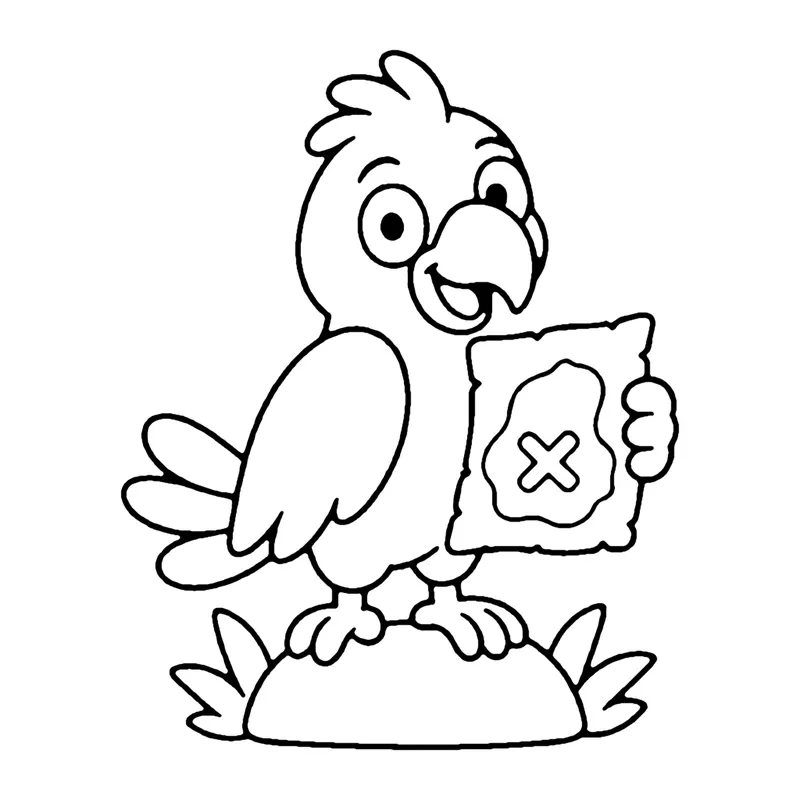 Line drawing of a parrot on a rock holding a small treasure map marked with an X