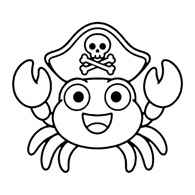 Line drawing of a smiling crab in a pirate hat with big claws raised